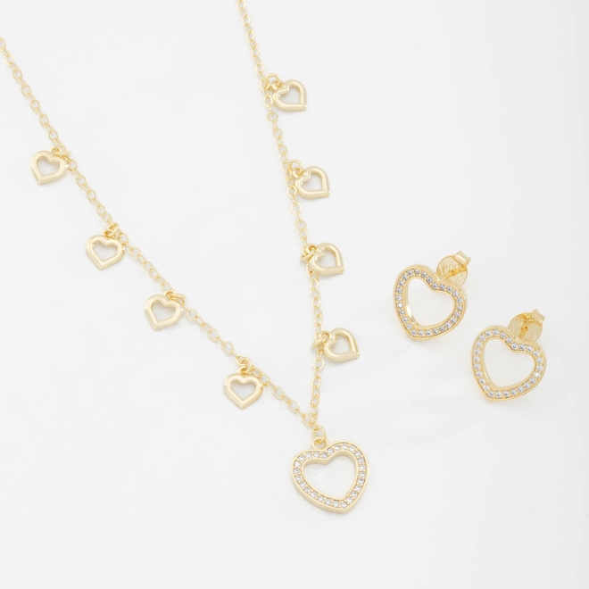 CJ-00297 COLAR BANHADO A OURO 18K DE CORAÇÃO E DETALHE CENTRAL CRAVEJADO