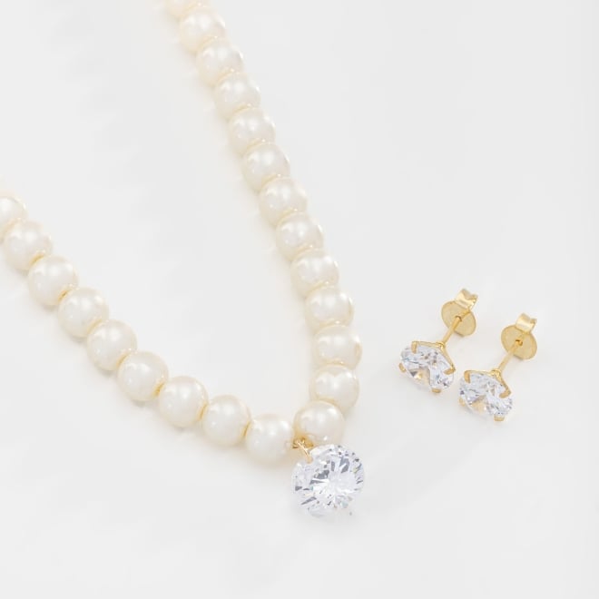 CJ-00300-CONJUNTO BANHADO A OURO 18K COM COLAR DE PÉROLAS