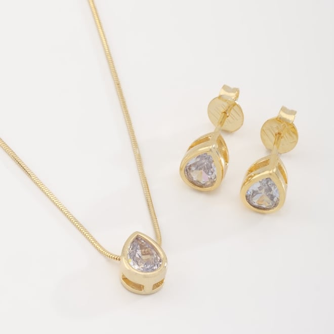 CJ-00326 CONJUNTO BANHADO A OURO 18K COM PEDRA EM FORMATO DE GOTA