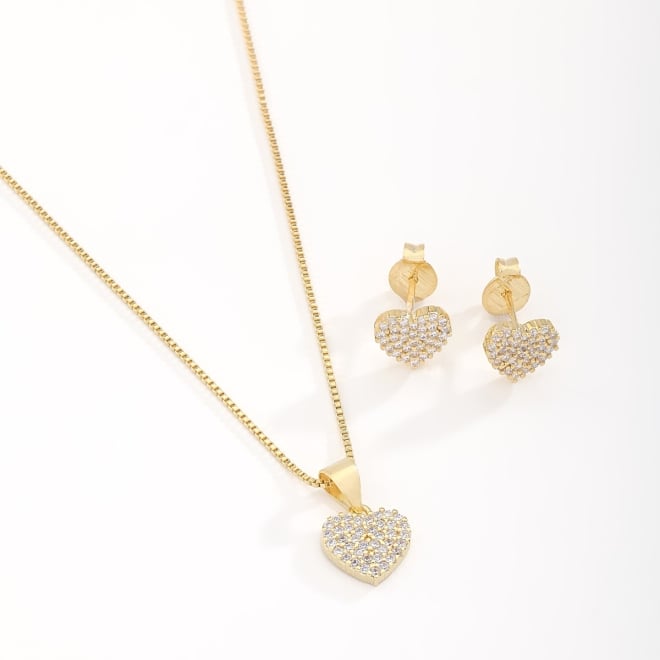CJ-00331 CONJUNTO BANHADO A OURO 18K COM CORAÇÃO CRAVEJADO