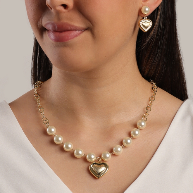 CJ-00356-CONJUNTO COM PÉROLAS E CORAÇÃO LISO