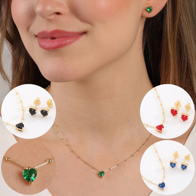 CJ-00377 CONJUNTO BANHADO A OURO 18K COM PINGENTE E BRINCOS EM CORAÇÃO LAPIDADO