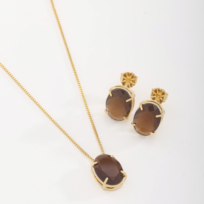 CJS-00020 CONJUNTO BANHADO A OURO 18K COM PEDRAS OVAIS LAPIDADAS.