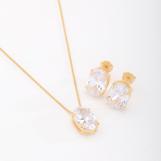 CJS-00020 CONJUNTO BANHADO A OURO 18K COM PEDRAS OVAIS LAPIDADAS.