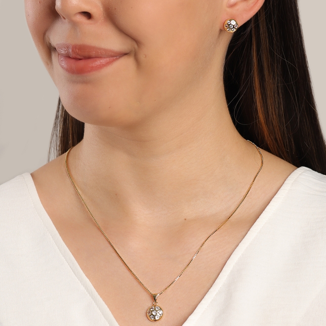 CJS-00025 CONJUNTO BANHADO A OURO 18K COM DESIGN EM FORMATO REDONDO