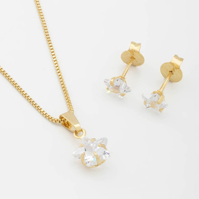 CJS-00056 CONJUNTO BANHADO A OURO 18K COM PINGENTE E BRINCOS EM FORMATO DE ESTRELA