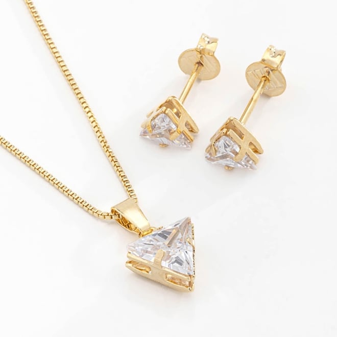 CJS-00059 CONJUNTO BANHADO A OURO 18K COM PEDRA EM FORMATO TRIANGULAR