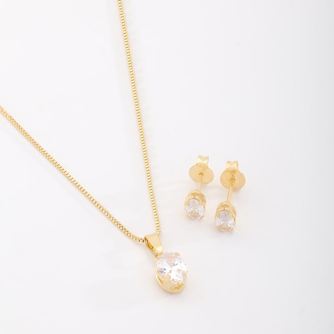 CJS-00064 CONJUNTO BANHADO A OURO 18K COM PEDRA OVAL LAPIDADA