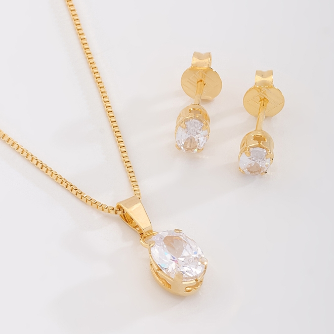 CJS-00064 CONJUNTO BANHADO A OURO 18K COM PEDRA OVAL LAPIDADA