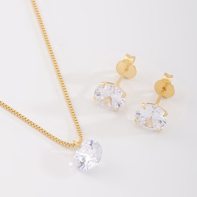 CJS-00065 CONJUNTO BANHADO A OURO 18K COM COLAR E BRINCOS PONTO DE LUZ