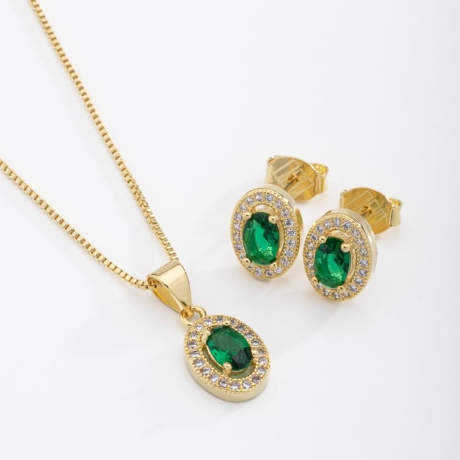 CJS-00103 CONJUNTO BANHADO A OURO 18K COM PINGENTE E BRINCOS COM PEDRA OVAL CRAVEJADA EM ZIRCÔNIAS