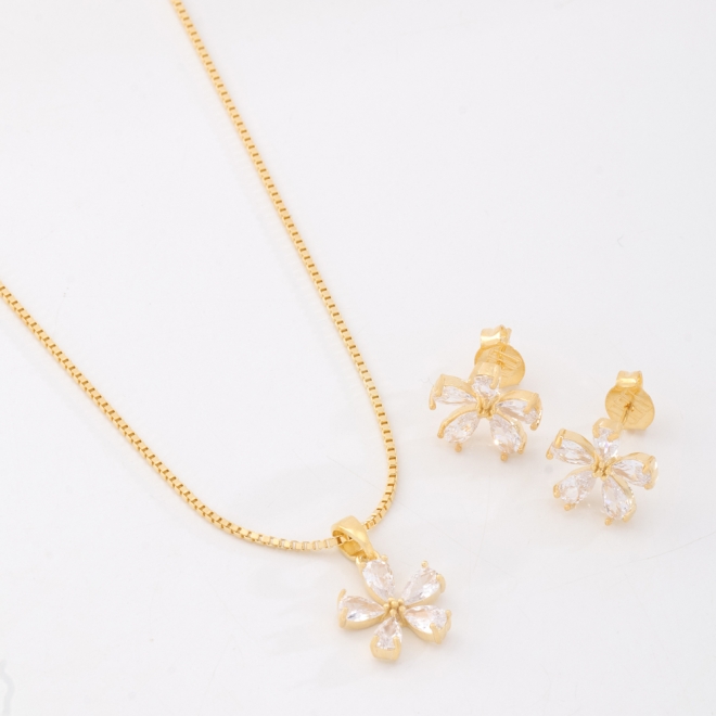 CJS-00124 CONJUNTO BANHADO A OURO 18K COM FLOR COM ZIRCÔNIAS
