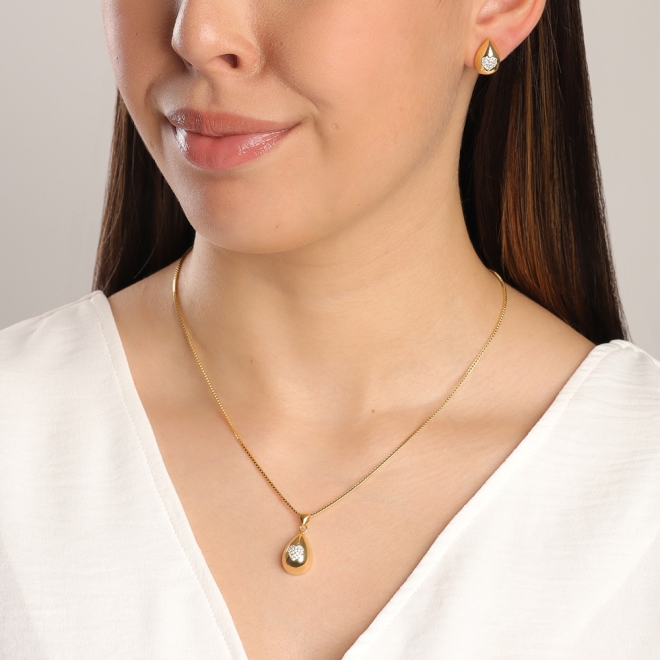 CJS-00127 CONJUNTO BANHADO A OURO 18K DE GOTA COM DETALHE DE CORAÇÃO CRAVEJADO