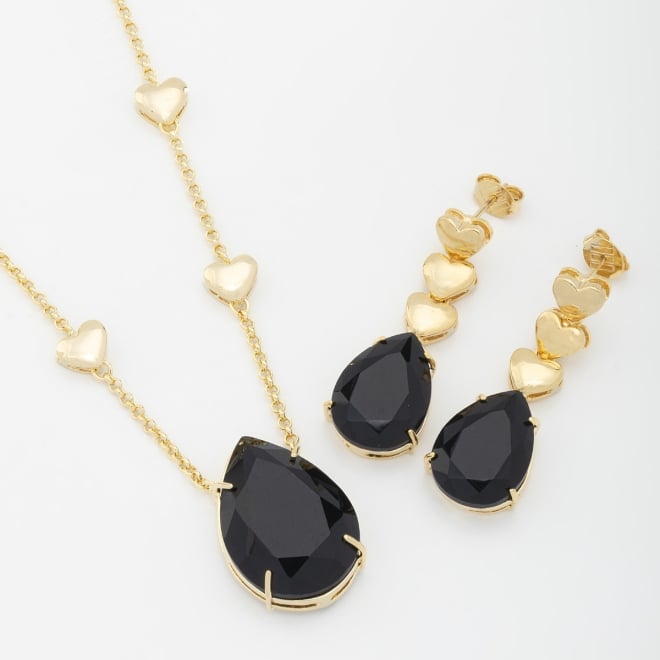 CJX-00033 CONJUNTO BANHADO A OURO 18K COM PEDRAS LAPIDADAS EM FORMATO DE GOTA E DETALHES EM CORAÇÕES