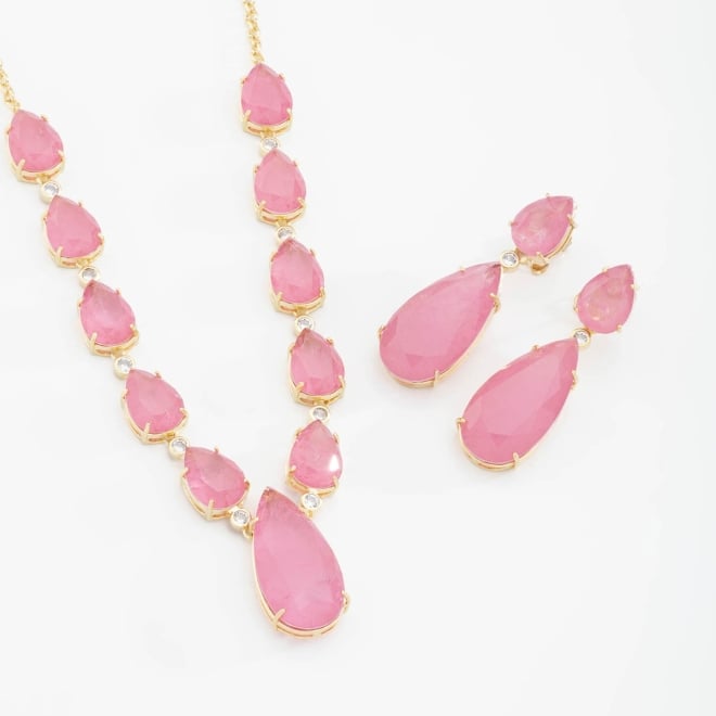 CJX-00061 CONJUNTO COM DESIGN EM GOTAS E PEDRAS ROSA LAPIDADAS