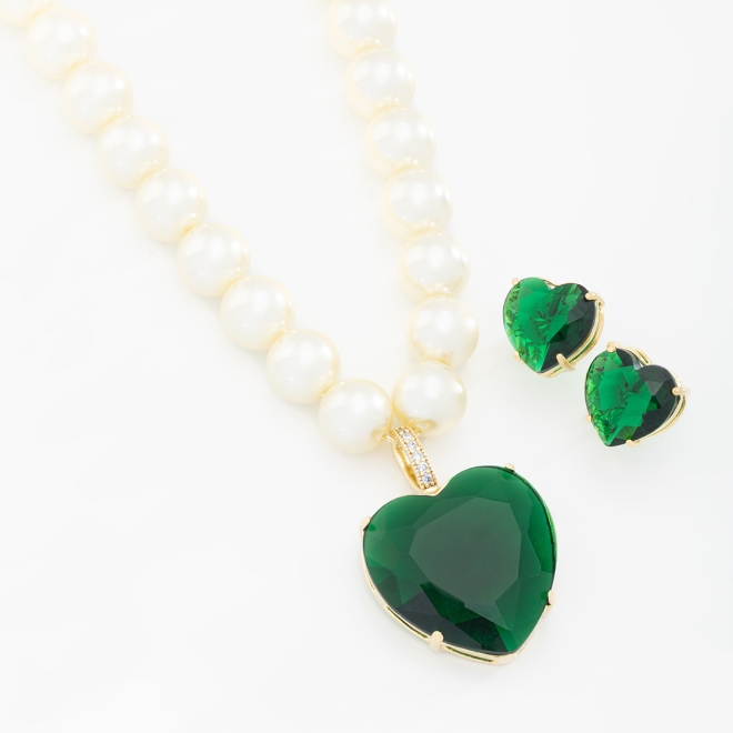 CJX-00158 CONJUNTO COLAR DE PÉROLAS E CORAÇÃO EM ZIRCONIA