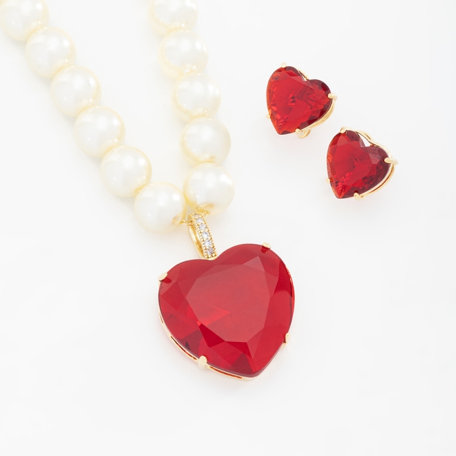 CJX-00158 CONJUNTO COLAR DE PÉROLAS E CORAÇÃO EM ZIRCONIA