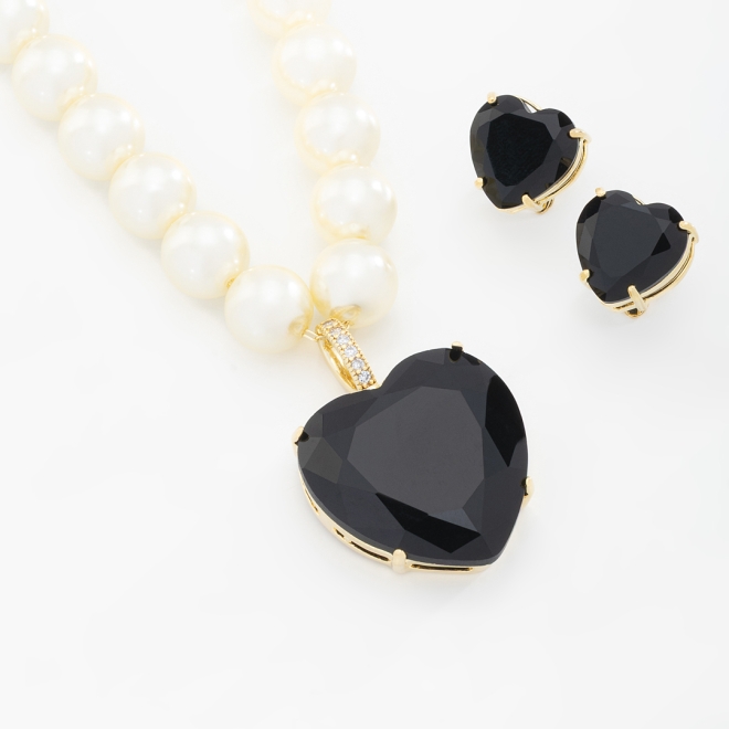 CJX-00158 CONJUNTO COLAR DE PÉROLAS E CORAÇÃO EM ZIRCONIA