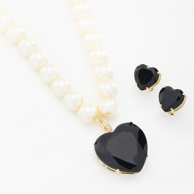 CJX-00158 CONJUNTO COLAR DE PÉROLAS E CORAÇÃO EM ZIRCONIA
