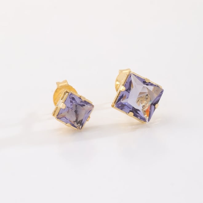 DBF-0009-BRINCO DUPLO BANHADO A OURO 18K COM PEDRA QUADRADA LAPIDADA
