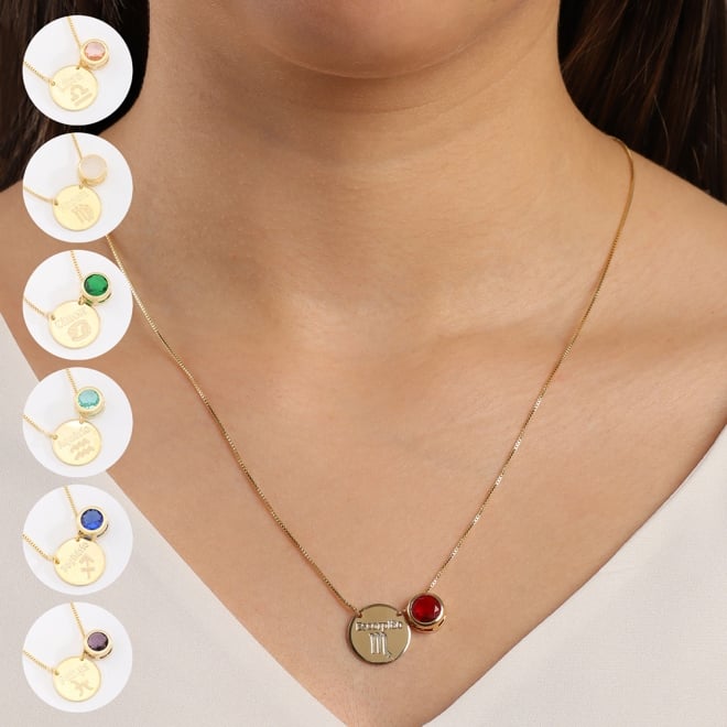 ES-0042 ESCAPULÁRIO BANHADO A OURO 18K COM PINGENTE DUPLO DE SIGNOS E ZIRCÔNIA COLORIDA