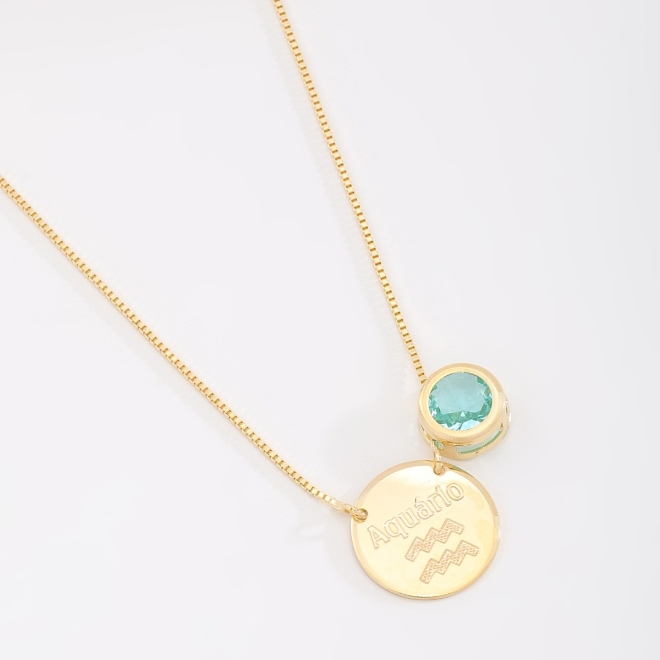 ES-0042 ESCAPULÁRIO BANHADO A OURO 18K COM PINGENTE DUPLO DE SIGNOS E ZIRCÔNIA COLORIDA