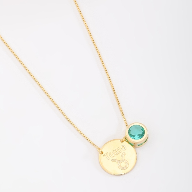 ES-0042 ESCAPULÁRIO BANHADO A OURO 18K COM PINGENTE DUPLO DE SIGNOS E ZIRCÔNIA COLORIDA