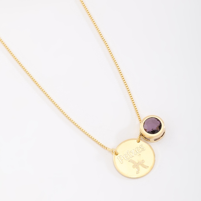 ES-0042 ESCAPULÁRIO BANHADO A OURO 18K COM PINGENTE DUPLO DE SIGNOS E ZIRCÔNIA COLORIDA
