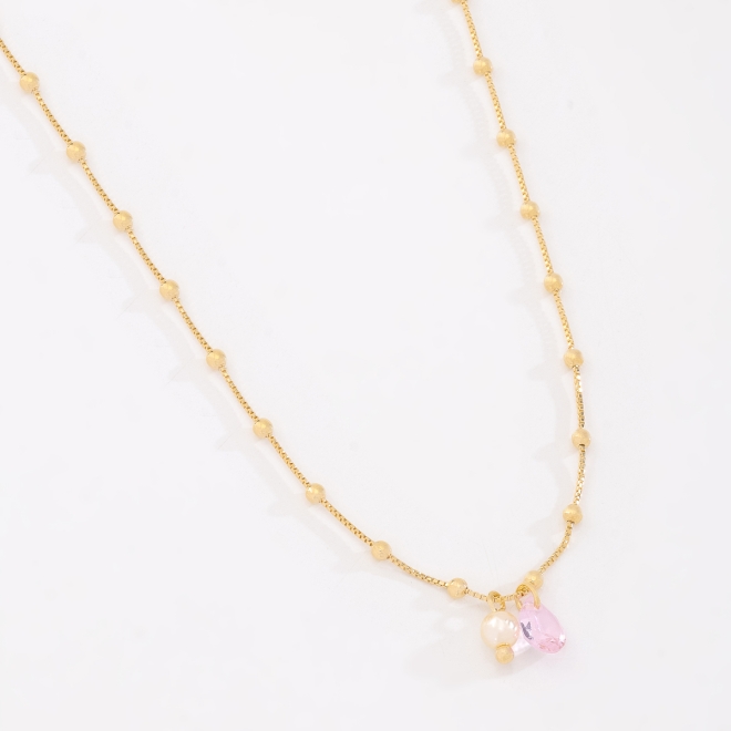 GR-00486 COLAR BANHADO A OURO 18K COM CORRENTE DELICADA COM ESFERAS E PINGENTES EM GOTA E PÉROLA