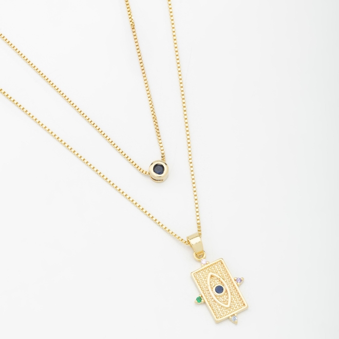 GR-00621 COLAR DUPLO BANHADO A OURO 18K COM CORRENTES VENEZIANAS, SENDO UMA COM PONTO DE LUZ EM ZIRCÔNIA  E OUTRA COM OLHO GREGO