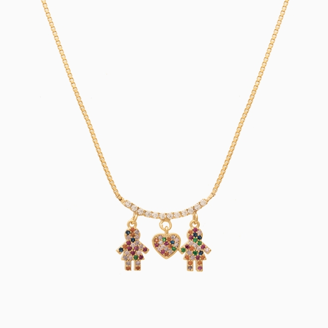 GR-00824 COLAR DUAS MENINAS E CORAÇÃO COM MICRO ZIRCÔNIA