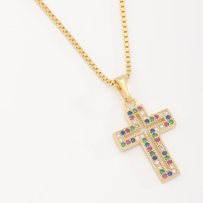 GR-00102 COLAR BANHADO A OURO 18K COM CORRENTE VENEZIANA E PINGENTE EM FORMATO DE CRUZ