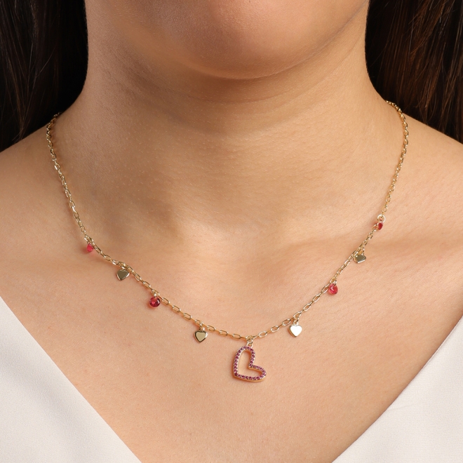 GR-01070 COLAR BANHADO A OURO 18K COM PINGENTE EM FORMATO DE CORAÇÃO EM ZIRCÔNIAS ROSA