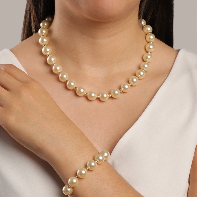 PU-00535 PULSEIRA BANHADA A OURO 18K COM PÉROLAS CLÁSSICAS E DETALHES EM ESFERAS POLIDAS