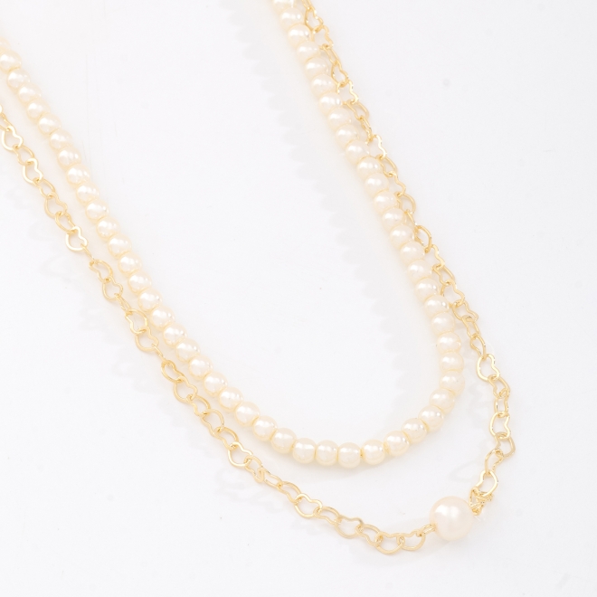GR-01501 COLAR DUPLO COM ELOS EM CORAÇÃO E PÉROLAS CLÁSSICAS