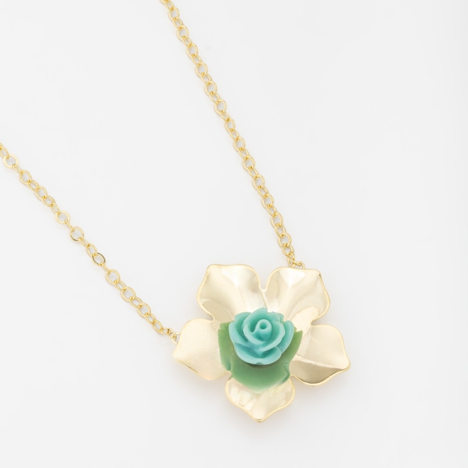 GR-01603 COLAR BANHADO A OURO 18K COM CORRENTE ELO GRUMET E PINGENTE EM FORMATO DE FLOR