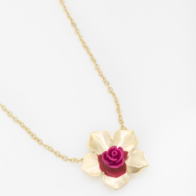 GR-01603 COLAR BANHADO A OURO 18K COM CORRENTE ELO GRUMET E PINGENTE EM FORMATO DE FLOR