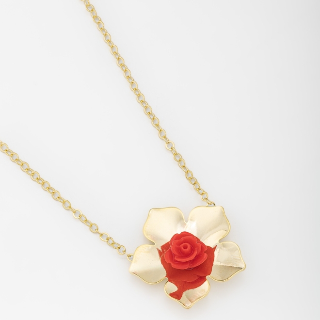 GR-01603 COLAR BANHADO A OURO 18K COM CORRENTE ELO GRUMET E PINGENTE EM FORMATO DE FLOR
