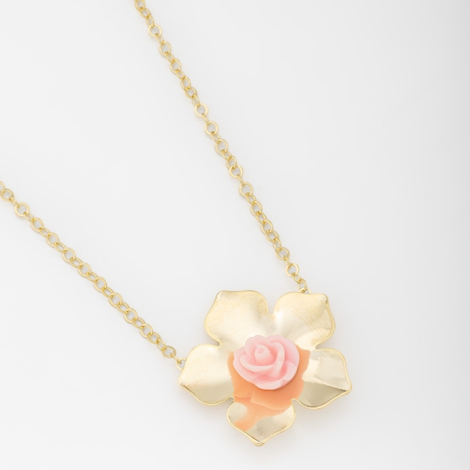 GR-01603 COLAR BANHADO A OURO 18K COM CORRENTE ELO GRUMET E PINGENTE EM FORMATO DE FLOR