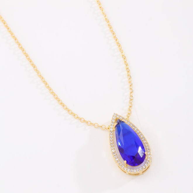 GR-01638 COLAR BANHADO A OURO 18K COM CORRENTE ELO GRUMET E PINGENTE EM FORMATO DE GOTA COM PEDRA CENTRAL