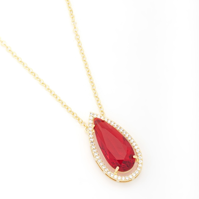GR-01638 COLAR BANHADO A OURO 18K COM CORRENTE ELO GRUMET E PINGENTE EM FORMATO DE GOTA COM PEDRA CENTRAL