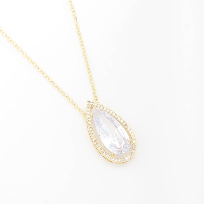 GR-01638 COLAR BANHADO A OURO 18K COM CORRENTE ELO GRUMET E PINGENTE EM FORMATO DE GOTA COM PEDRA CENTRAL