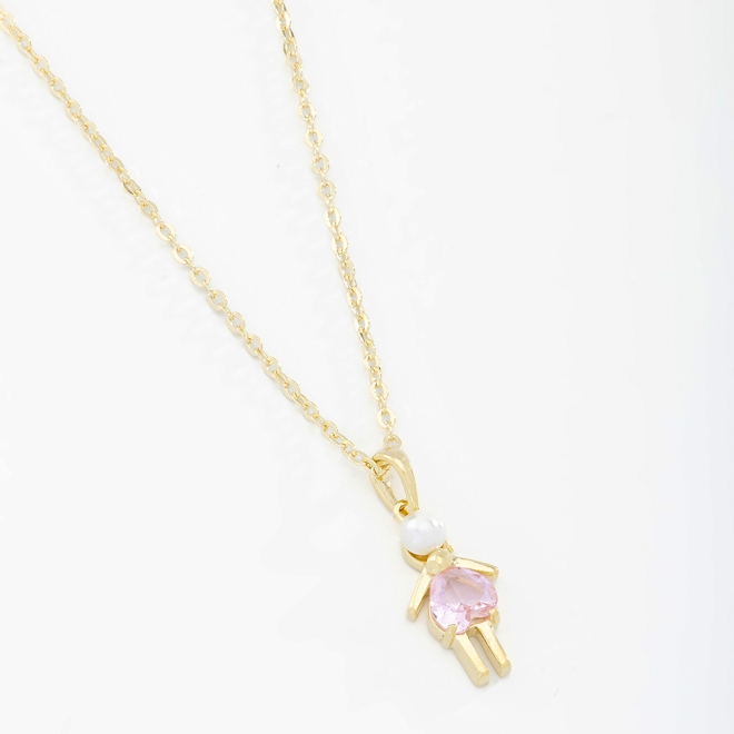 GR-01743 COLAR BANHADO A OURO 18K COM PINGENTE DE MENINA COM DETALHE EM ZIRCÔNIA E PÉROLA