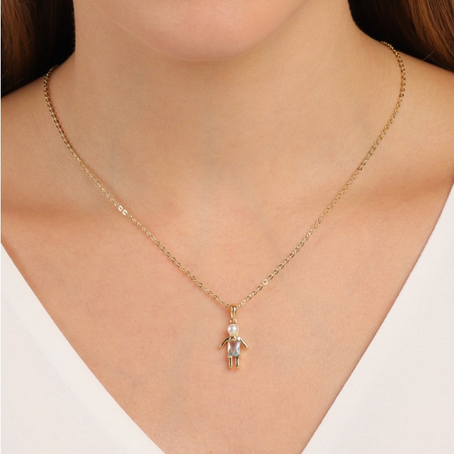 GR-01744 COLAR BANHADO A OURO 18K COM PINGENTE DE MENINO COM ZIRCÔNIA BAGUETE E PÉROLA