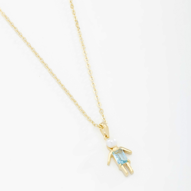 GR-01744 COLAR BANHADO A OURO 18K COM PINGENTE DE MENINO COM ZIRCÔNIA BAGUETE E PÉROLA