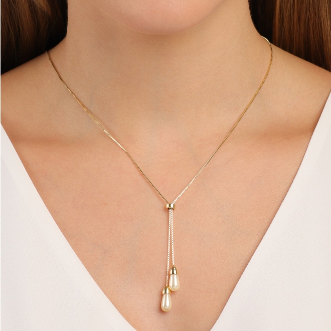 GR-01762 COLAR BANHADO A OURO 18K MODELO GRAVATA REGULÁVEL COM PINGENTES DE GOTA EM PÉROLA