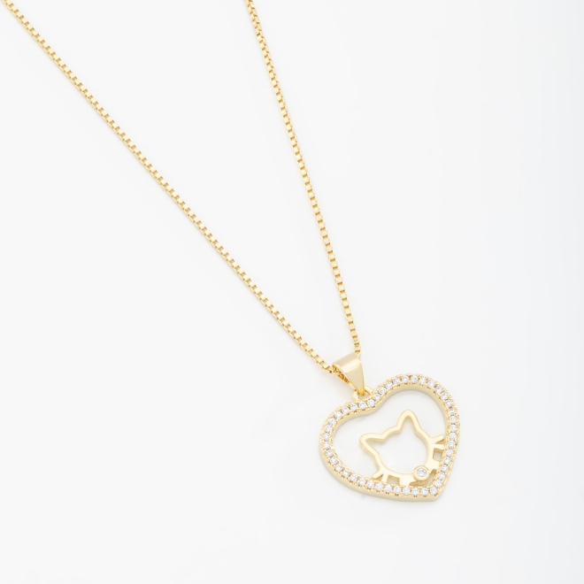 GR-01852 COLAR BANHADO A OURO 18K COM PINGENTE DE CORAÇÃO  EM ZIRCÔNIAS DE GATINHO