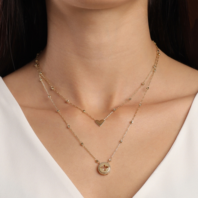 GR-02006 COLAR BANHADO A OURO 18K PINGENTE DE ESPÍRITO SANTO E CORRENTE COM BOLINHAS
