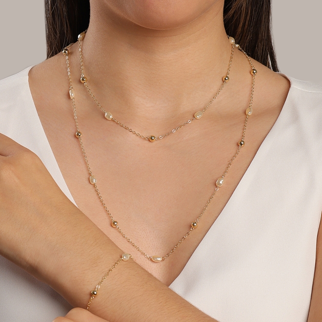 PU-00847 PULSEIRA BANHADA A OURO 18K COM PÉROLAS E ESFERAS LISAS INTERCALADAS