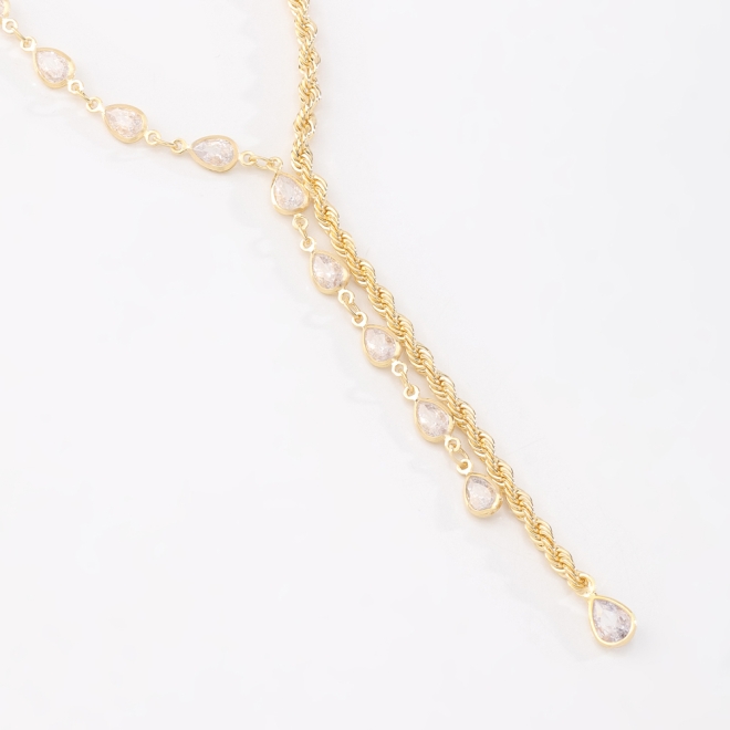 GR-02149 COLAR BANHADO A OURO 18K GRAVATA COM ZIRCÔNIAS EM GOTAS E CORDÃO BAIANO